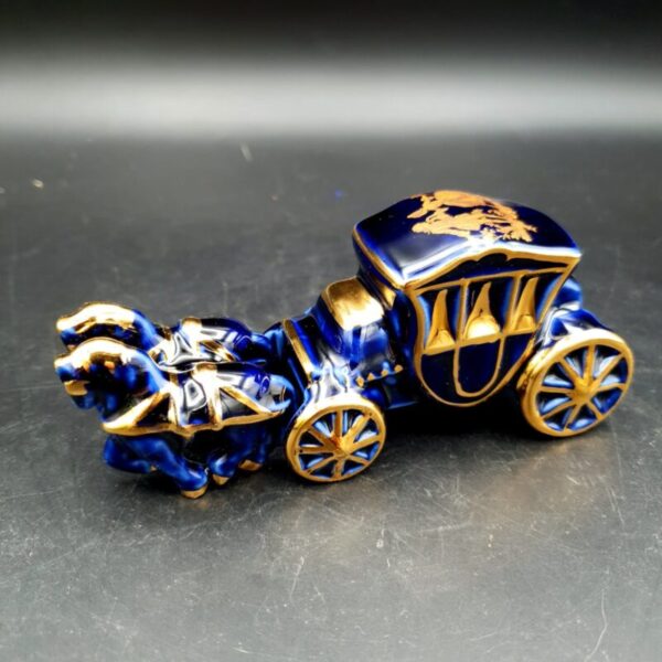 Vintage Limoges JV coach and horses ornament in cobalt blue and gold
