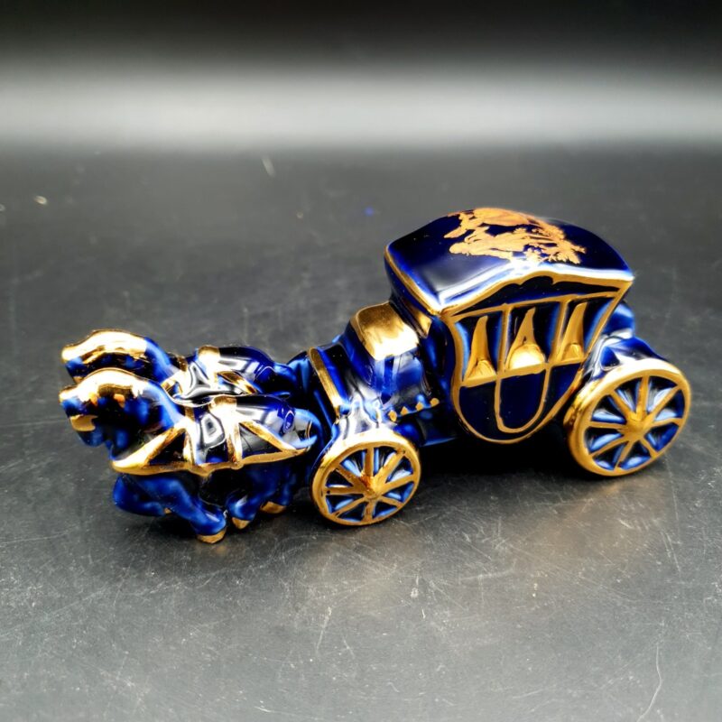 Vintage Limoges JV coach and horses ornament in cobalt blue and gold