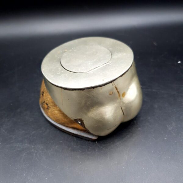 Antique Victorian Edwardian horse hoof inkwell with J&Co marked metal mount, hinged lid and horseshoe base