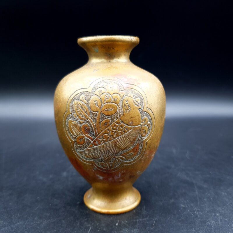 Alfred Salzmann Jerusalem C 599 engraved brass vase with bird, flowers and foliage