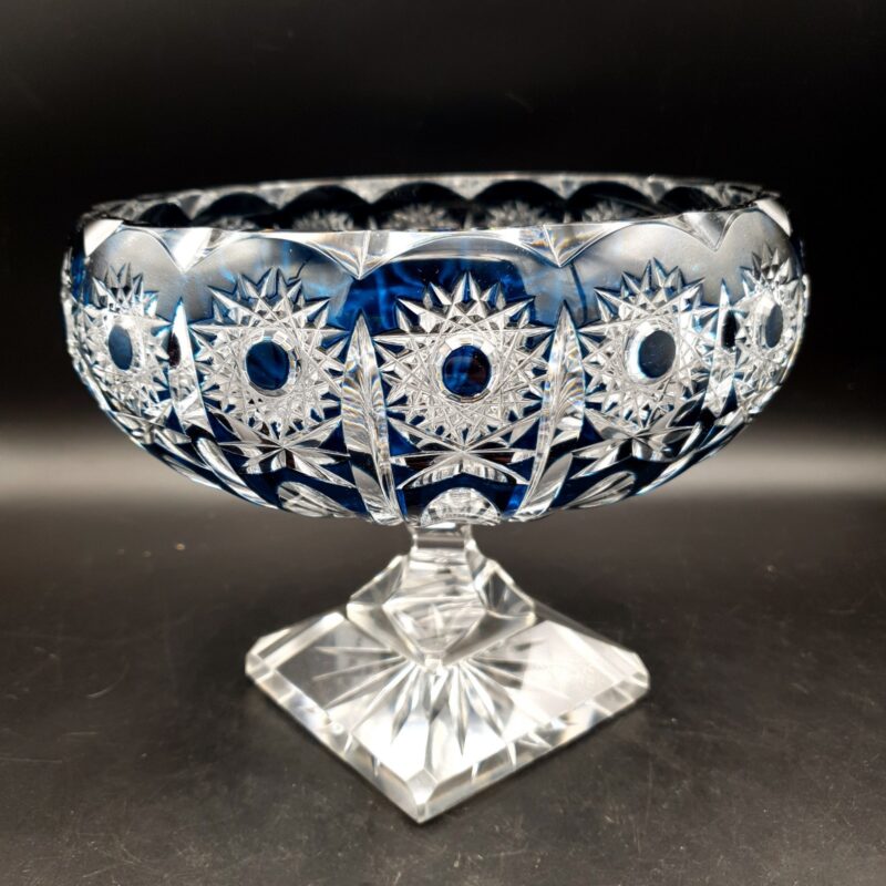 Val Saint Lambert petrol blue cut-to-clear crystal pedestal bowl with geometric starburst decoration