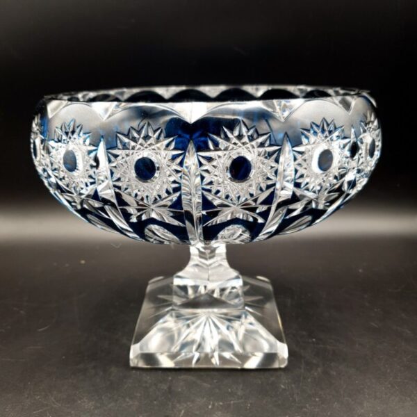 Val Saint Lambert petrol blue cut-to-clear crystal pedestal bowl with geometric starburst decoration