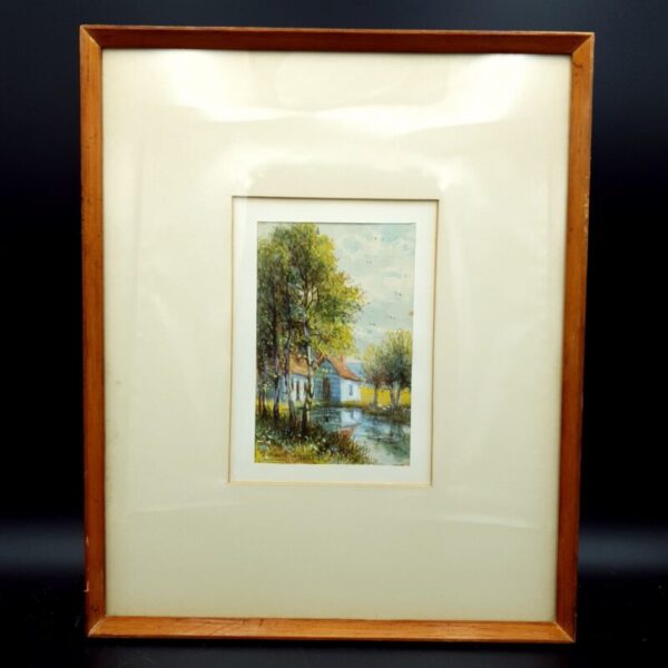 Signed ‘After Hulk’ watercolour depicting cottages beside a tranquil river in a framed portrait composition