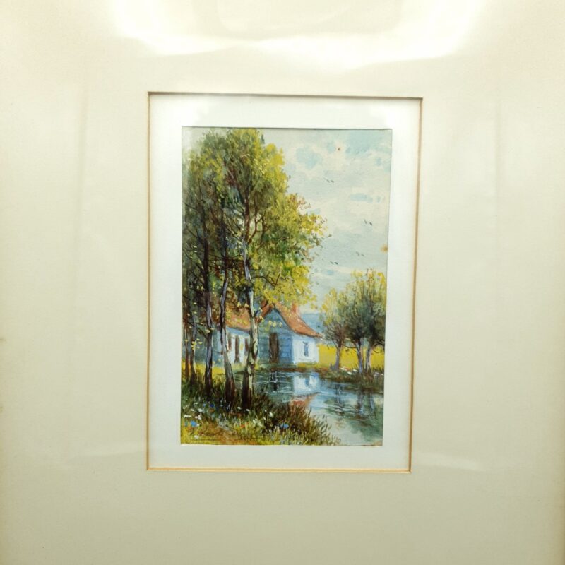 Signed ‘After Hulk’ watercolour depicting cottages beside a tranquil river in a framed portrait composition