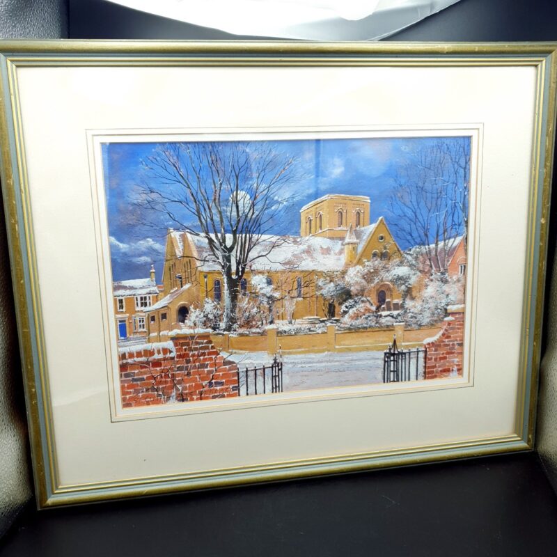 Rob Maddams signed watercolour of St Cuthbert’s Church Bedford in a winter landscape scene
