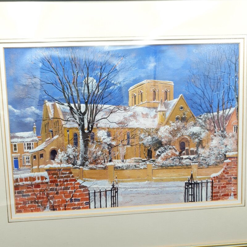 Rob Maddams signed watercolour of St Cuthbert’s Church Bedford in a winter landscape scene