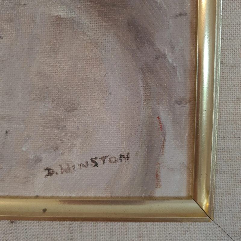Signed D. Winston oil painting of a narrow historic street leading towards a Gothic church or cathedral