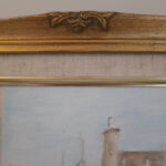 Signed D. Winston oil painting of a narrow historic street leading towards a Gothic church or cathedral