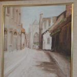 Signed D. Winston oil painting of a narrow historic street leading towards a Gothic church or cathedral