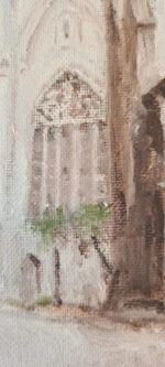 Signed D. Winston oil painting of a narrow historic street leading towards a Gothic church or cathedral