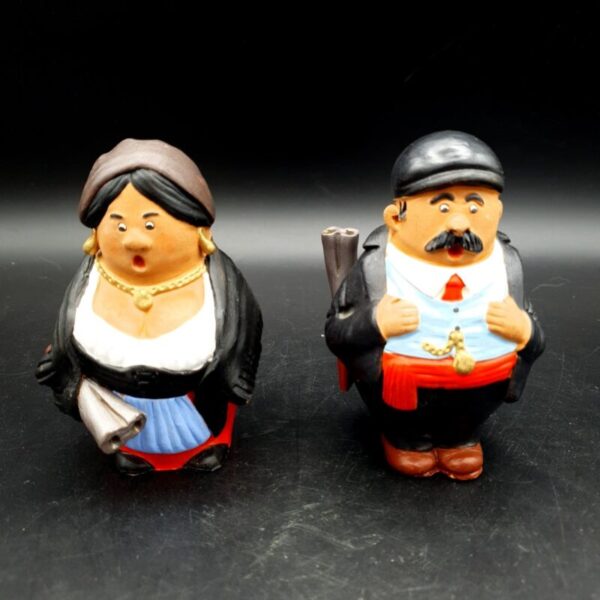 Pair of vintage Sicilian terracotta Mafiosa couple folk art figures, c.1970s