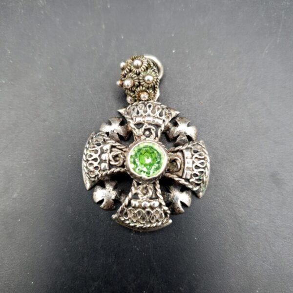 Vintage 935 silver Jerusalem Cross pendant with faceted green stone
