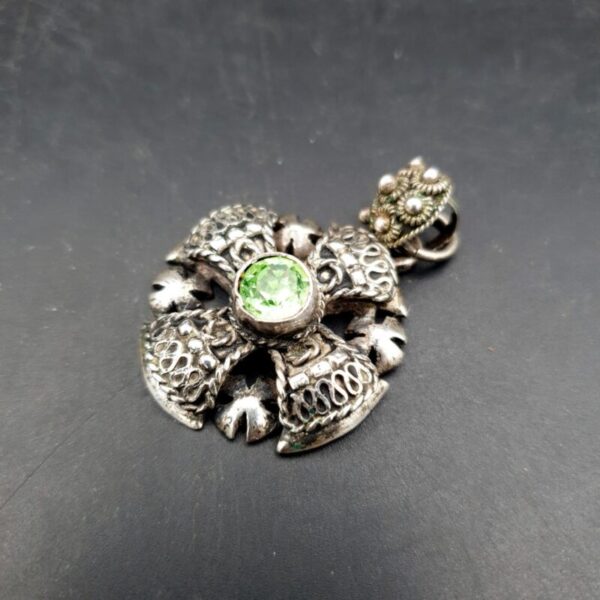 Vintage 935 silver Jerusalem Cross pendant with faceted green stone