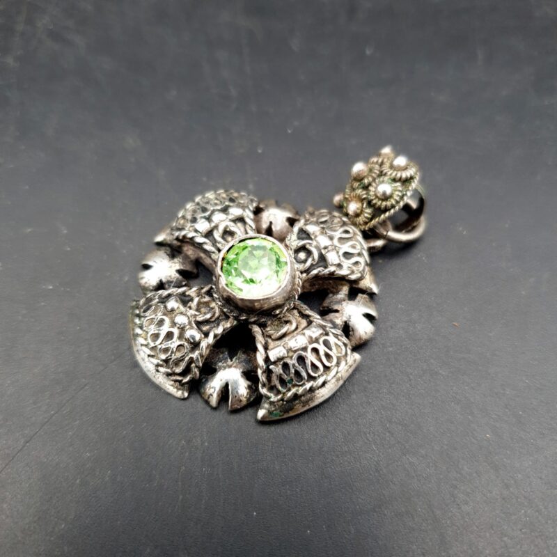 Vintage 935 silver Jerusalem Cross pendant with faceted green stone