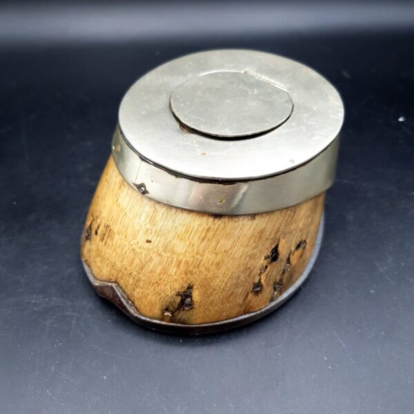 Antique Victorian Edwardian horse hoof inkwell with J&Co marked metal mount, hinged lid and horseshoe base