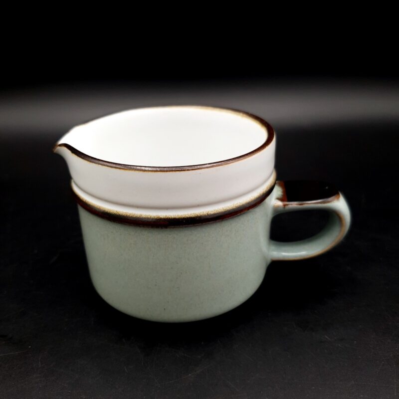 Vintage Denby Romance stoneware milk jug with floral decoration and green border
