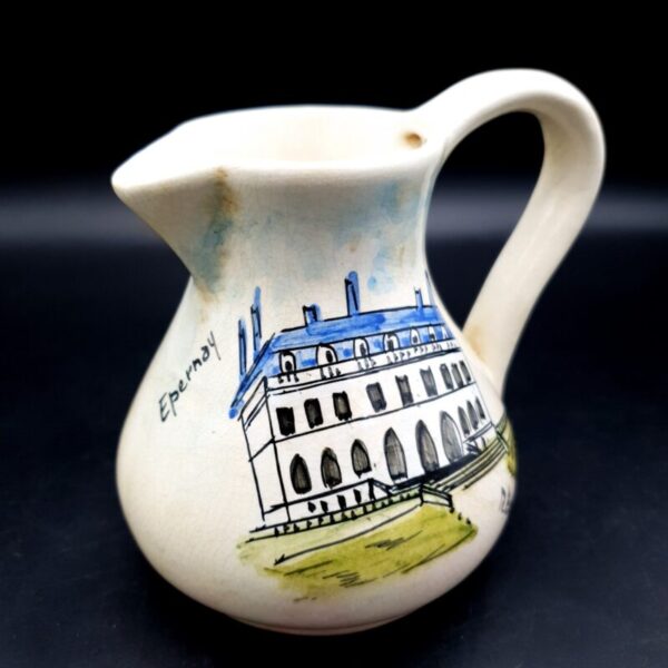 Vintage French ceramic jug depicting Épernay Town Hall with hand-coloured decoration