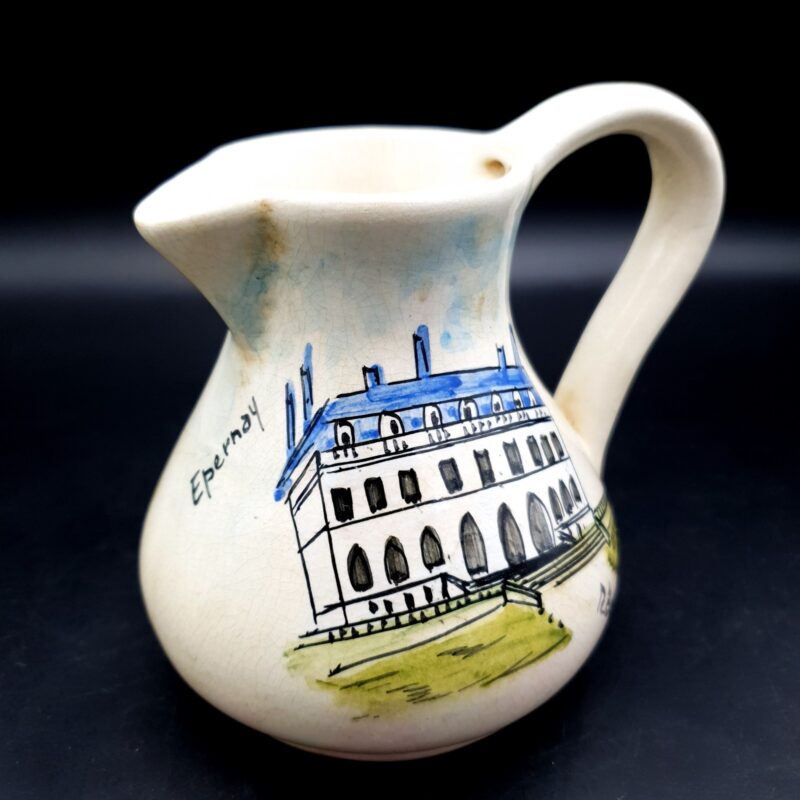 Vintage French ceramic jug depicting Épernay Town Hall with hand-coloured decoration