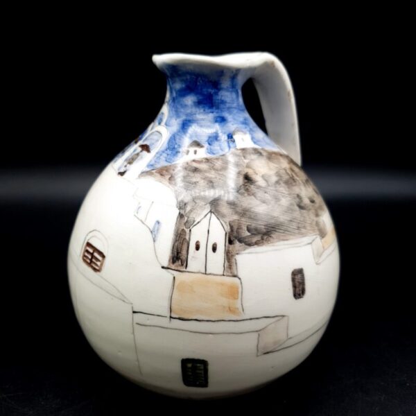 Vintage Greek pottery jug with hand-painted Mediterranean street scene