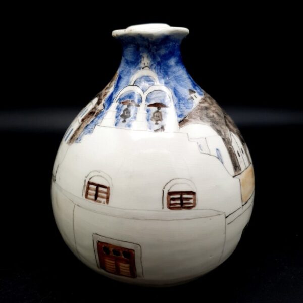 Vintage Greek pottery jug with hand-painted Mediterranean street scene