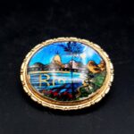 Vintage Alfano Brazil butterfly wing brooch with Rio de Janeiro scene