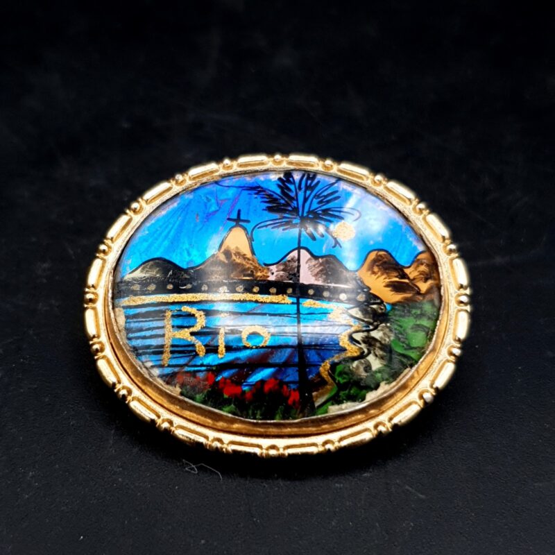 Vintage Alfano Brazil butterfly wing brooch with Rio de Janeiro scene