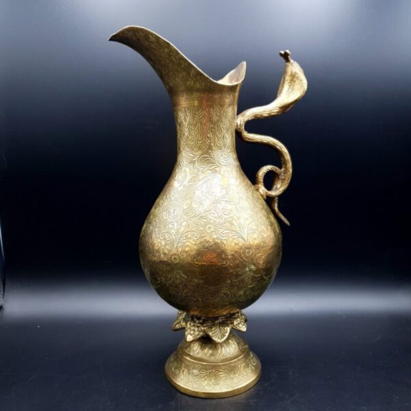 Vintage Indian Brass Ewer Jug Cobra Snake Handle Engraved Benares Style H29cm