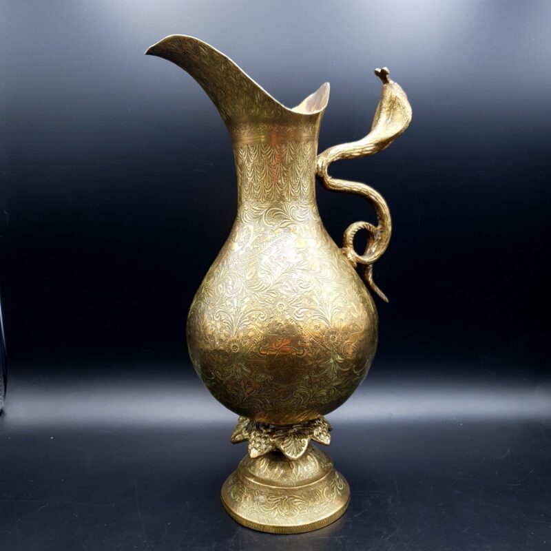Vintage Indian Brass Ewer Jug Cobra Snake Handle Engraved Benares Style H29cm