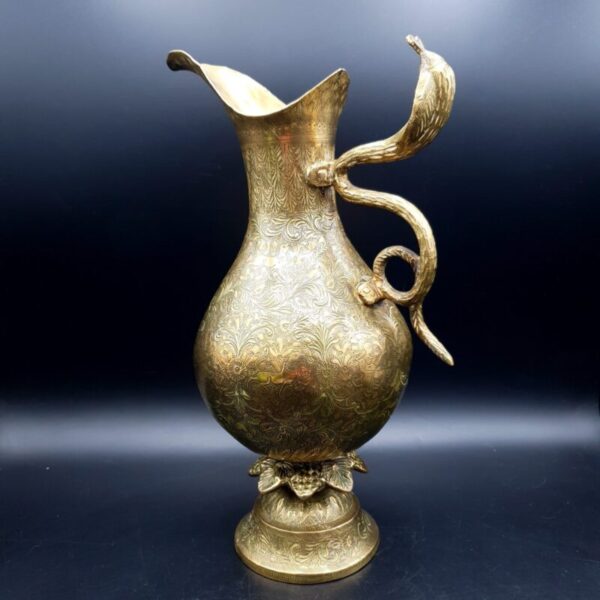 Vintage Indian Brass Ewer Jug Cobra Snake Handle Engraved Benares Style H29cm