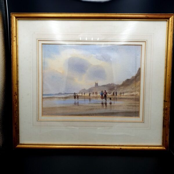 Andrew King signed watercolour Figures on the Beach in a landscape frame