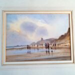 Andrew King signed watercolour Figures on the Beach in a landscape frame
