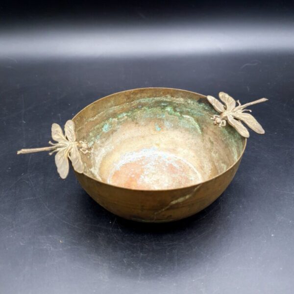 Vintage brass bowl with Art Nouveau style dragonfly handles
