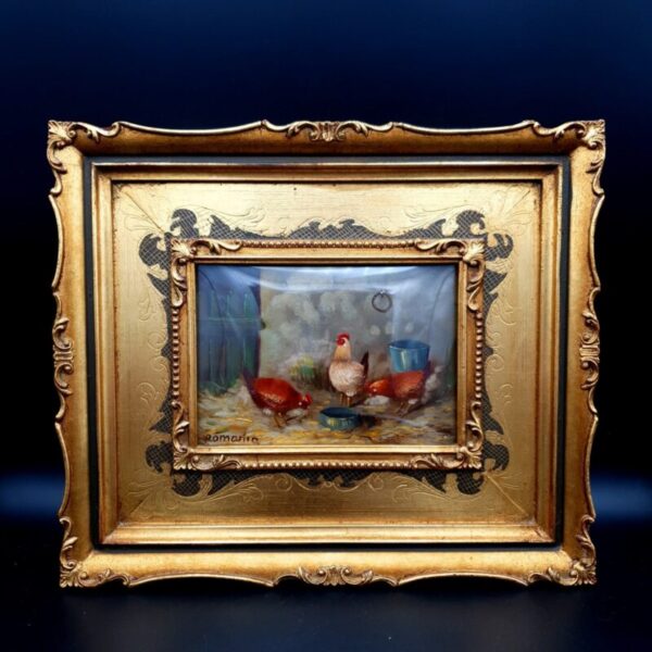 Original Oil Painting Chicken Italian Gaetano Romania Rococo Style Frame W33.5cm
