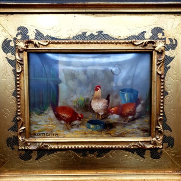Original Oil Painting Chicken Italian Gaetano Romania Rococo Style Frame W33.5cm