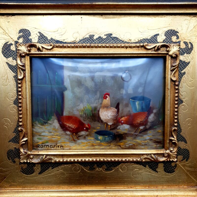 Original Oil Painting Chicken Italian Gaetano Romania Rococo Style Frame W33.5cm