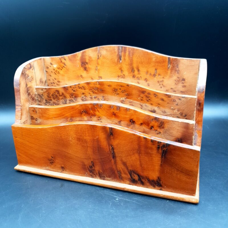 Vintage Figured Wood Letter Rack Desk Tidy 3 Compartments Mid Century