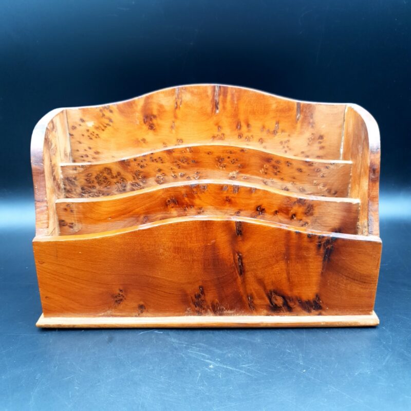 Vintage Figured Wood Letter Rack Desk Tidy 3 Compartments Mid Century