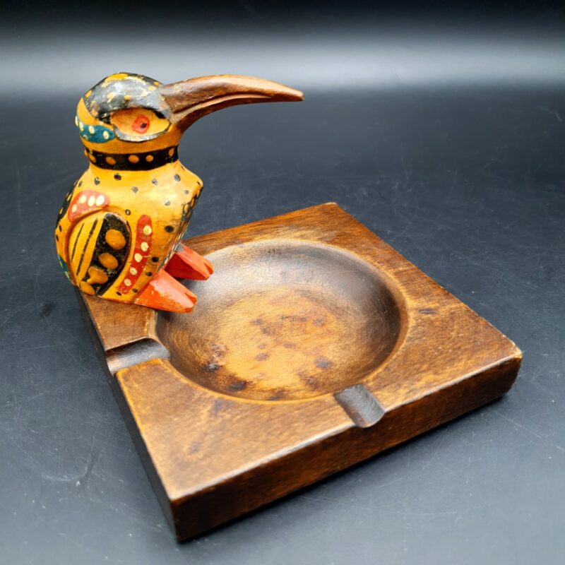 Vintage Wooden Toucan Bird Ashtray Hand Painted Folk Art Trinket Dish