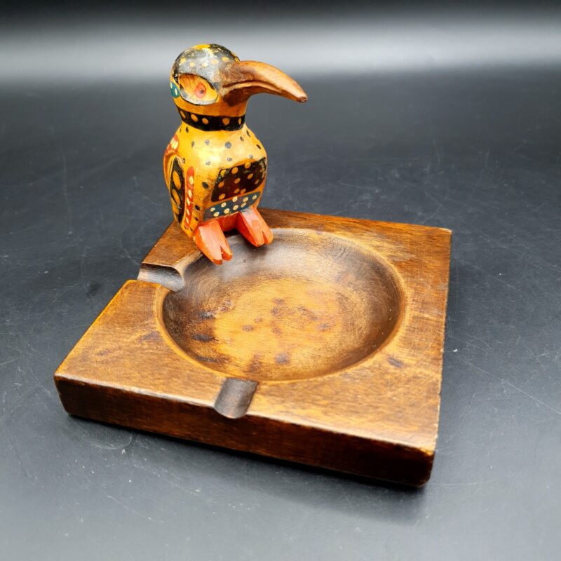 Vintage Wooden Toucan Bird Ashtray Hand Painted Folk Art Trinket Dish