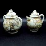 Kaga Kutani-yaki Teapot & sugar bowl with crane motifs moriage gilt C1920-30s
