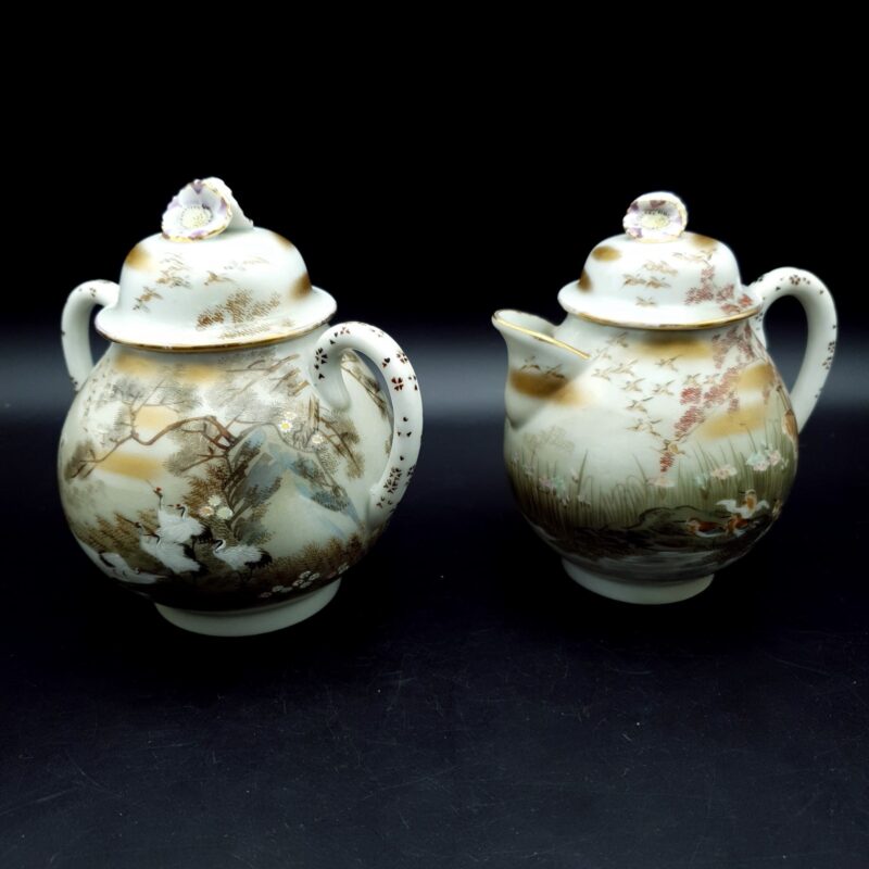 Kaga Kutani-yaki Teapot & sugar bowl with crane motifs moriage gilt C1920-30s