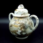 Kaga Kutani-yaki Teapot & sugar bowl with crane motifs moriage gilt C1920-30s