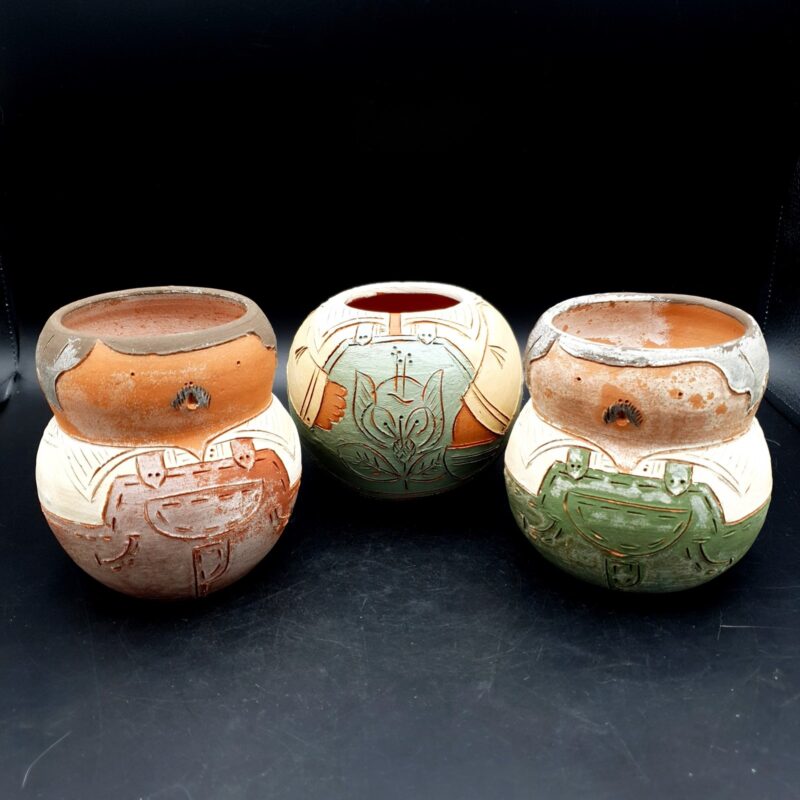 M Barradas Pottery squat pots 3 terracotta Portuguese Men in dungarees H10.5cm