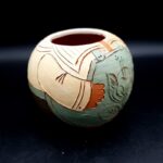 M Barradas Pottery squat pots 3 terracotta Portuguese Men in dungarees H10.5cm